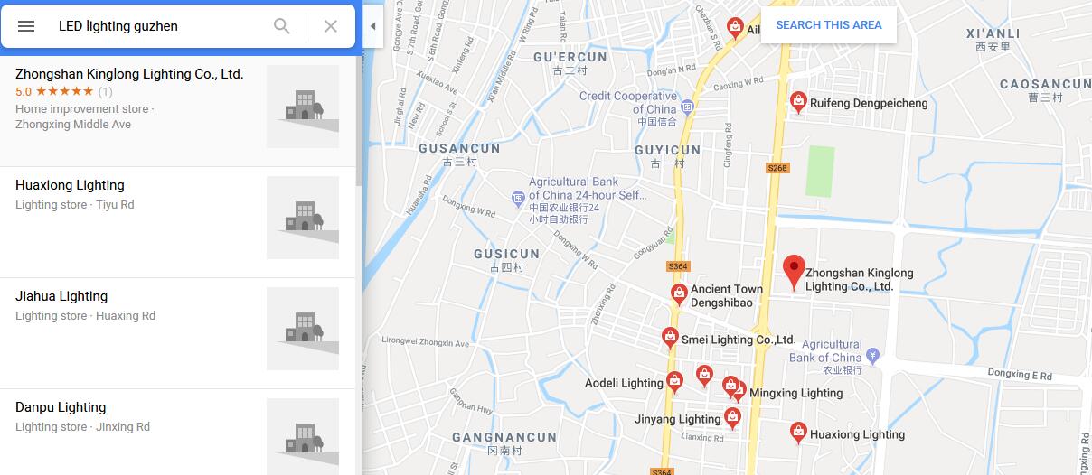 Google map search results of LED lighting in guzhen